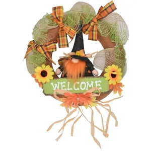 Halloween gnome wreath with orange beard, plaid bows, sunflowers and welcome sign.