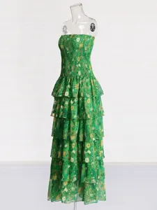 Vestido maxi verde floral sin tirantes con volantes para mujer, elegante vestido de gasa verano.