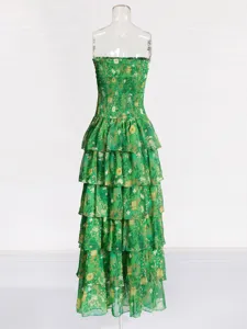 Vestido largo verde floral sin tirantes de gasa con volantes estilo dulce verano mujer