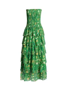 Vestido largo verde sin tirantes con volantes florales para mujer estilo dulce verano