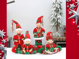 Christmas long leg elf doll set, red and green plaid plush holiday decoration figures.
