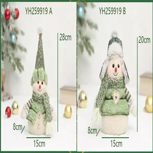 Detalle de peluche de muñeco de nieve de Navidad verde con dimensiones y dos estilos.