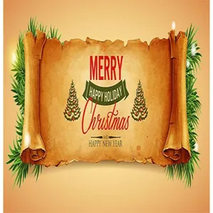 Decorazione vintage in pergamena natalizia con rami di pino e auguri di buone feste.
