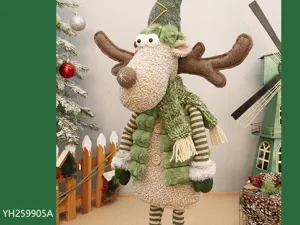 Details of the green plush Christmas deer doll with long mouth and retractable legs decor.