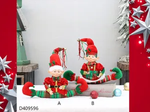 Christmas fabric long leg elf doll set, red and green plaid festive holiday decoration figures.