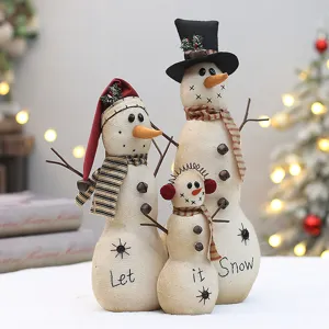 Set famiglia di bambole di pupazzo di neve in tessuto di Natale, figure rustiche in iuta.