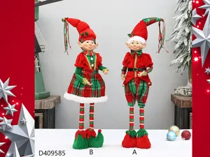 Christmas fabric long leg elf doll set, red and green plaid festive decoration figures.