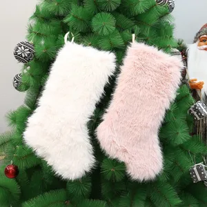 Christmas Stocking Faux Fur Long Plush Xmas Tree Hanging Ornament Gift Candy Bag For Holiday Home Decoration Pink White