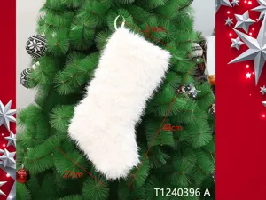 White plush Christmas stocking for tree hanging, holiday gift candy bag decoration.