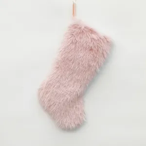 Fluffy pink Christmas stocking faux fur holiday gift bag for tree hanging and festive decor