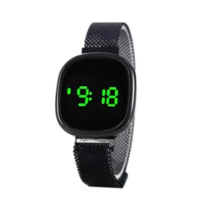 Stylish black LED electronic watch featuring a sleek mesh stainless steel strap and digital display.