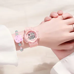 Montre numérique transparente rose pour femmes étudiantes, montre étanche sportive tendance.