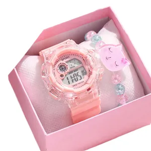 Ensemble montre numerique transparente rose et bracelet pour enfants etudiants boite cadeau.