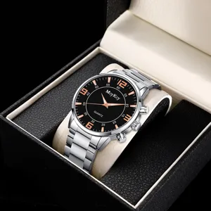 Detail view of a stylish men quartz watch featuring a black dial and a durable alloy steel strap.