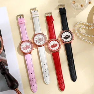 Damenmode süßes Herz Quarz Armbanduhr PU Lederarmband lässige stilvolle Uhr Neu
