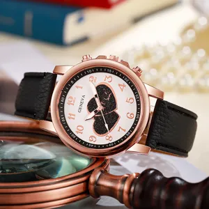 Modische Damen QuarzUhr Herz Rosegold Schwarzes Lederarmband Elegante Damenuhr Stilvoll