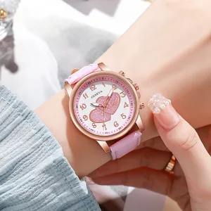 Modische rosafarbene Damen-Lederarmbanduhr mit Roségold-Gehäuse und glitzerndem Herz-Zifferblatt.