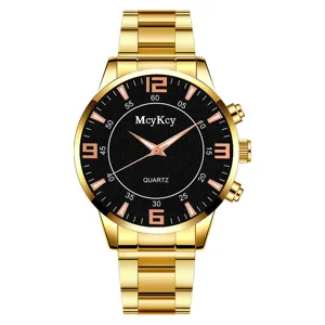 Men gold quartz watch with black dial steel strap fashion luxury business casual wristwatch
