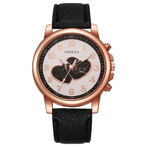 Modische Damenuhr mit Roségold Gehäuse, schwarzem Lederarmband und Herz Zifferblatt.