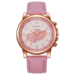 Rosa Lederarmband Damen Uhr mit Roségold Zifferblatt funkelndes Doppelherz Design chic.