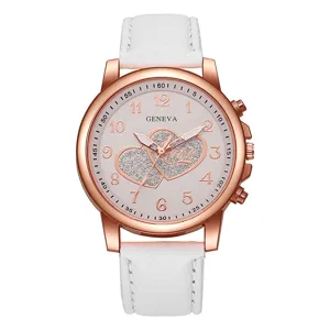 Süße roségoldene Damenuhr mit weißem Lederarmband und Glitzerherz Zifferblatt für den Alltag.