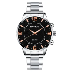 Close-up detail of the quartz watch with stylish alloy steel strap and clear dial markers.