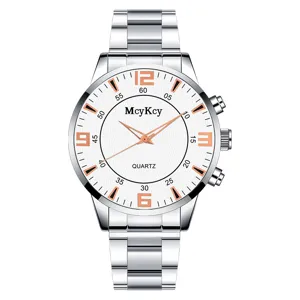 Close-up view of McyKcy quartz watch showcasing the silver alloy steel strap and white dial.