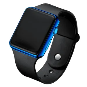 Close-up detail of the stylish rectangular LED electronic watch with blue metallic case.