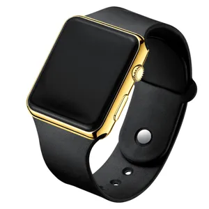 Stylish square LED digital electronic watch with gold case and black silicone strap.
