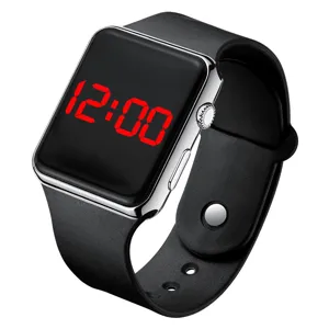 Fashion square LED digital electronic watch with black silicone strap for students and adults.