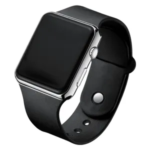 Sleek square digital LED watch with black silicone strap and silver case for daily wear.