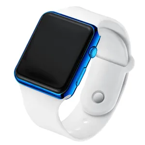 Sleek square LED digital watch with blue case and white silicone strap for modern daily wear.