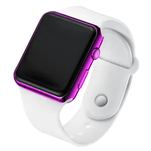 Square LED digital electronic watch with glossy purple case and white silicone strap.