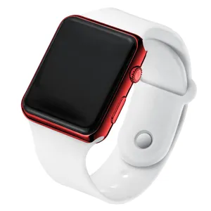 Square LED digital electronic watch with red metal case and white silicone strap for daily wear.
