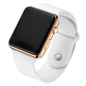 Square LED digital watch with rose gold case and white silicone strap detail shot