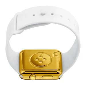 Gold square smartwatch featuring white silicone band and detailed back sensor view.