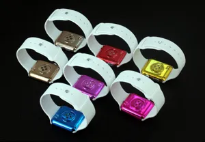 Colorful square electronic watch with white silicone strap detail view showing various color options
