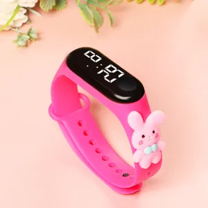 Childrens pink silicone LED digital sports watch with cute rabbit cartoon strap design