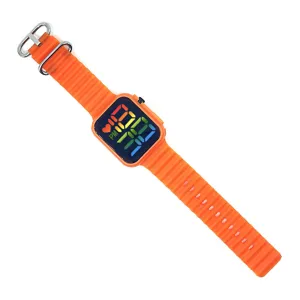 Orologio digitale con cinturino in silicone arancione e grande schermo LED colorato moda