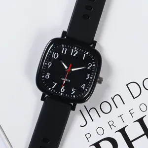 Schwarze quadratische Quarzuhr für Jugendliche, stilvolle Armbanduhr mit klaren Zahlen.
