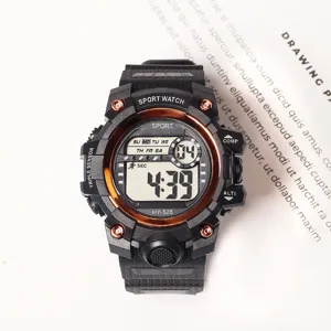 Detailed view of the multi-functional sport digital watch with bold black strap and orange bezel.