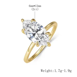 Bague solitaire exquise en moissanite taille marquise 2ct avec finition or jaune élégante.