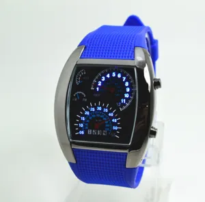 Blaue LED Digital Sportuhr mit coolem Auto-Tacho Zifferblatt und bequemem Silikonarmband.