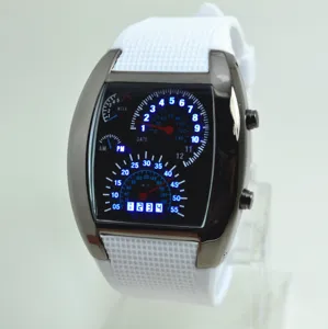 Herren futuristischer Tacho LED Elektronik Sportuhr Detailansicht mit weißem Silikonarmband