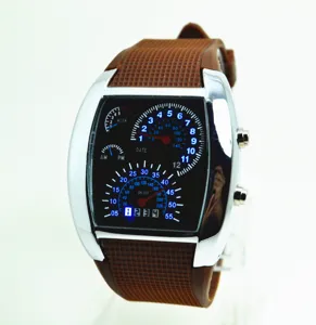 Herren Aviation LED Uhr Detailansicht, kreatives Tacho Zifferblatt mit braunem Silikonarmband.