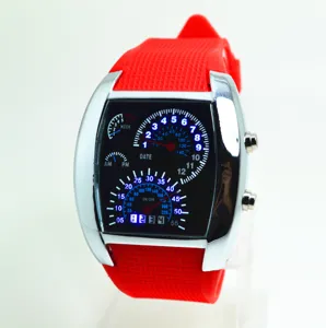 Rotes Silikonarmband LED Dashboard Uhr Detail mit Autotacho Zifferblatt und Knöpfen groß.