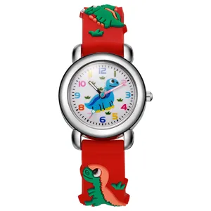 Orologio al quarzo con dinosauro 3D per bambini, cinturino silicone rosso morbido, quadrante colorato.