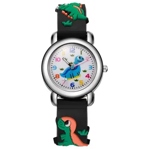 Orologio al quarzo 3D con dinosauro per bambini, cinturino in silicone nero e quadrante.