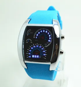Details der blauen Silikon LED Tacho Uhr mit einzigartigem Auto Armaturenbrett für Herren.