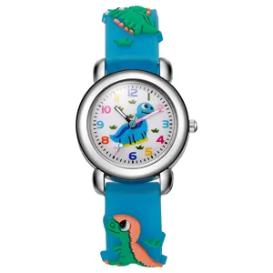 Dettaglio orologio al quarzo dinosauro bambini con cinturino in silicone 3D blu e numeri colorati.